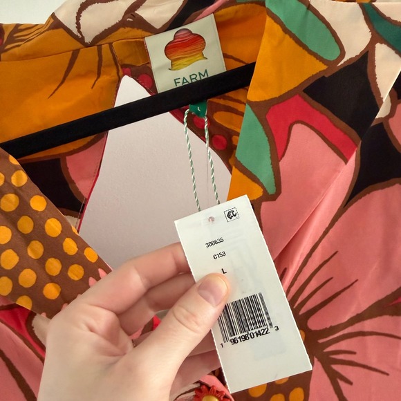 Farm Rio Colorful Sunflowers Midi Dress Pink Orange Floral Puff Sleeve L NWT - Picture 3 of 9